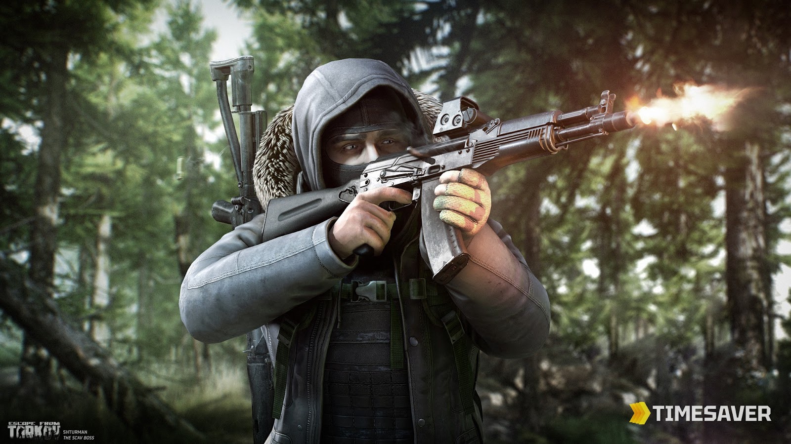 Shturman, the Woods Scav Boss in Escape from Tarkov, firing an AK rifle among the trees