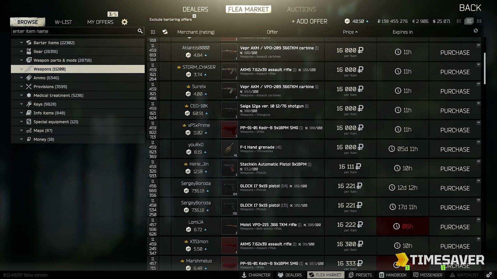 Escape from Tarkov Flea Market interface in 1.0 showing item listings, price filters and the level-gated category sidebar (Barter items, Weapons, Ammo, Keys)