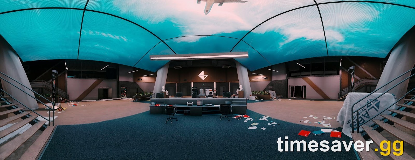 The central atrium of The Lab in Escape from Tarkov, sky-ceiling dome and reception desk with documents and loot scattered across the floor