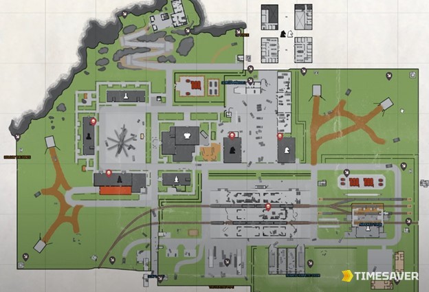 Annotated Escape from Tarkov Reserve map showing the bunkers, RB-key loot rooms and extract points