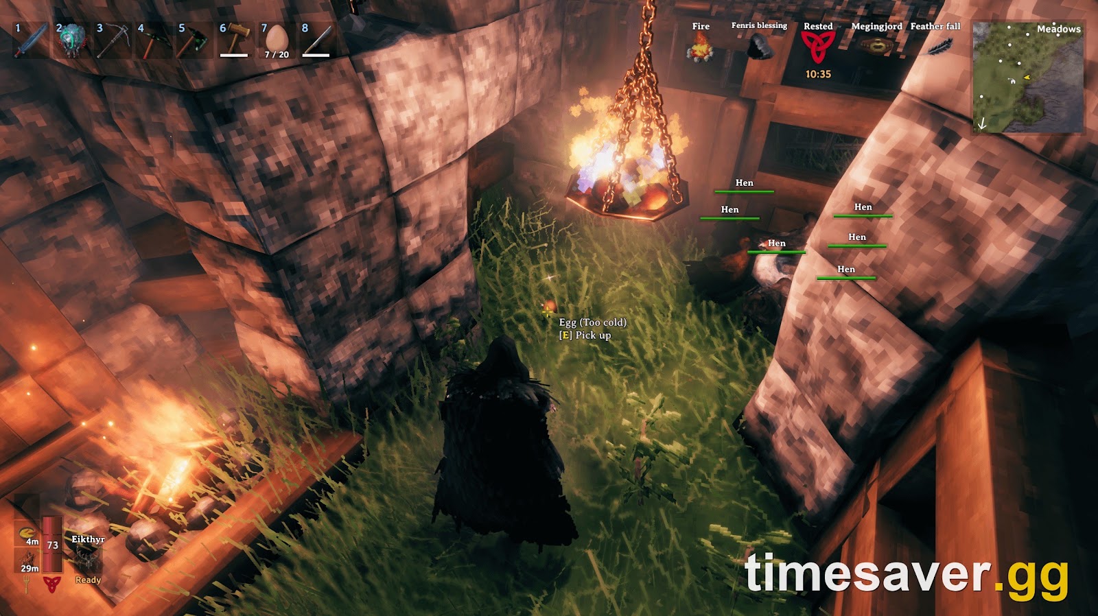 A Valheim chicken coop lit by a hanging brazier, with six hens and an egg showing the hover text Egg (Too cold)