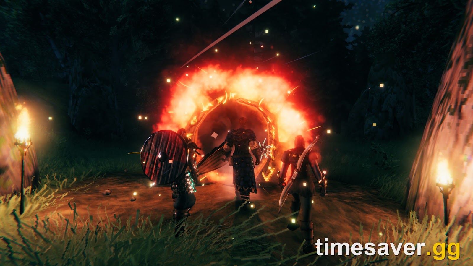 Three Viking players standing together before a summoned boss portal in Valheim co-op