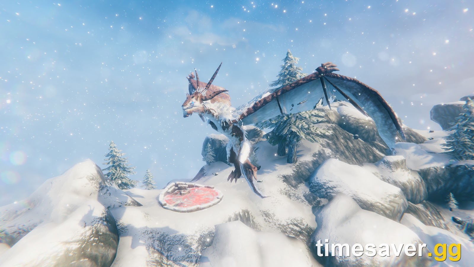 Moder, the Valheim frost dragon boss, perched on a snowy Mountain peak above her red Forsaken Altar