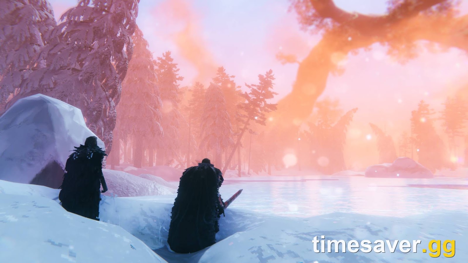 Two cloaked Vikings on a frozen snowy shore in Valheim looking north toward a dusk horizon