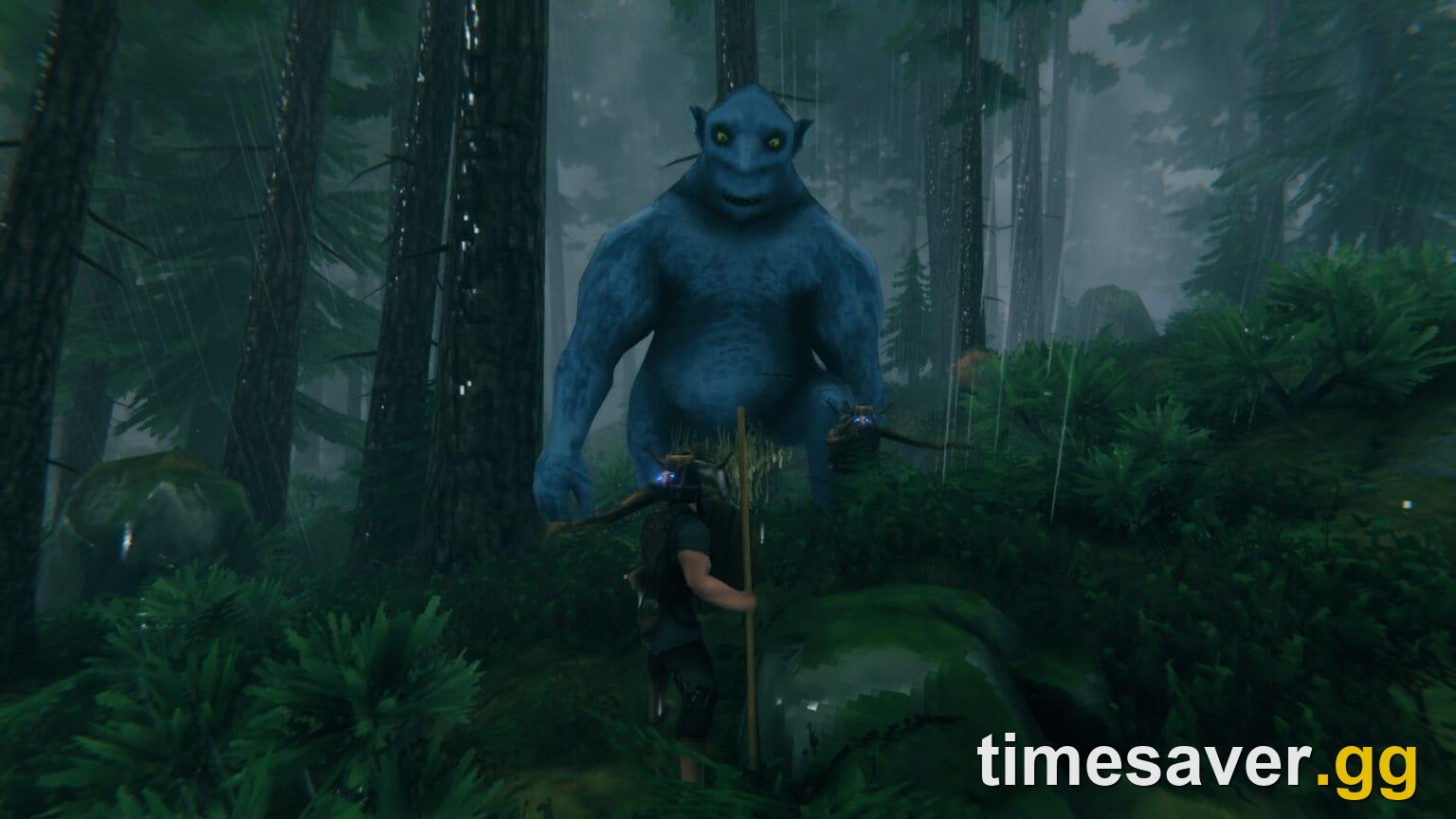 A Viking mid-fight against a Troll in Valheim, weapon raised, in a rain-soaked Black Forest