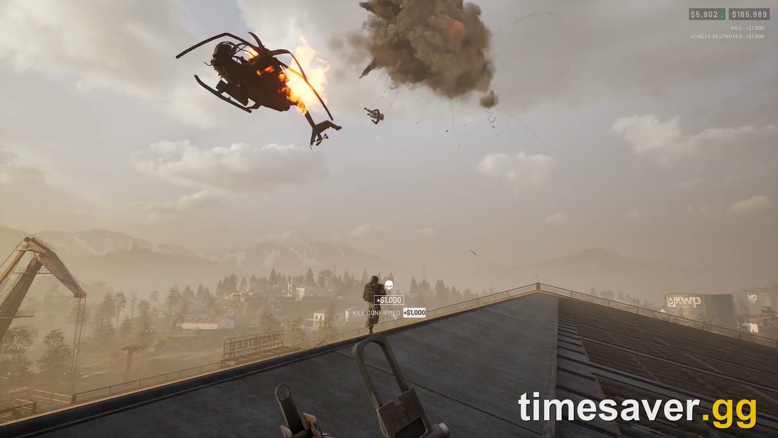 WARDOGS attack helicopter on fire after being hit, seen from a rooftop in BULKHEAD's Game Mode Explained trailer