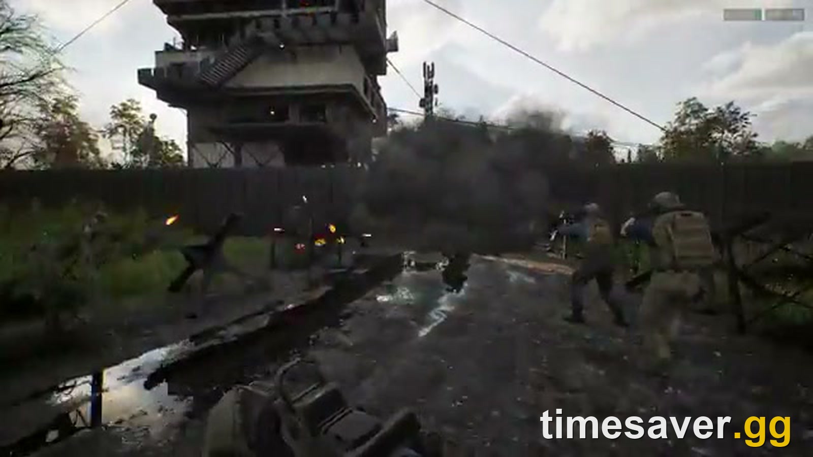 WARDOGS squad advancing under a stormy sky through an industrial control zone, smoke rising near a tower