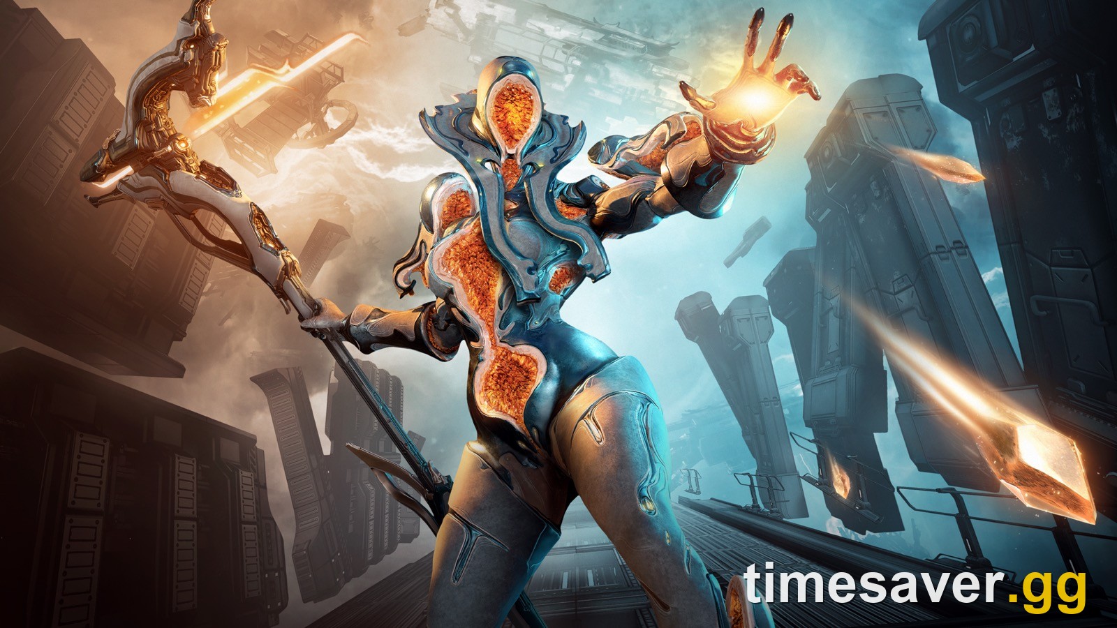 Citrine, Warframe's crystal support frame, raising a glowing amber shard in official Digital Extremes promotional art