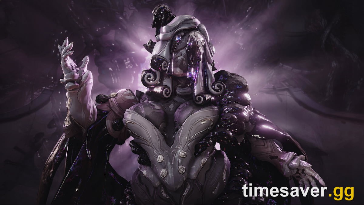 Follie, Warframe's ink-themed Shadowgrapher frame, in her black and white clown armor under purple light