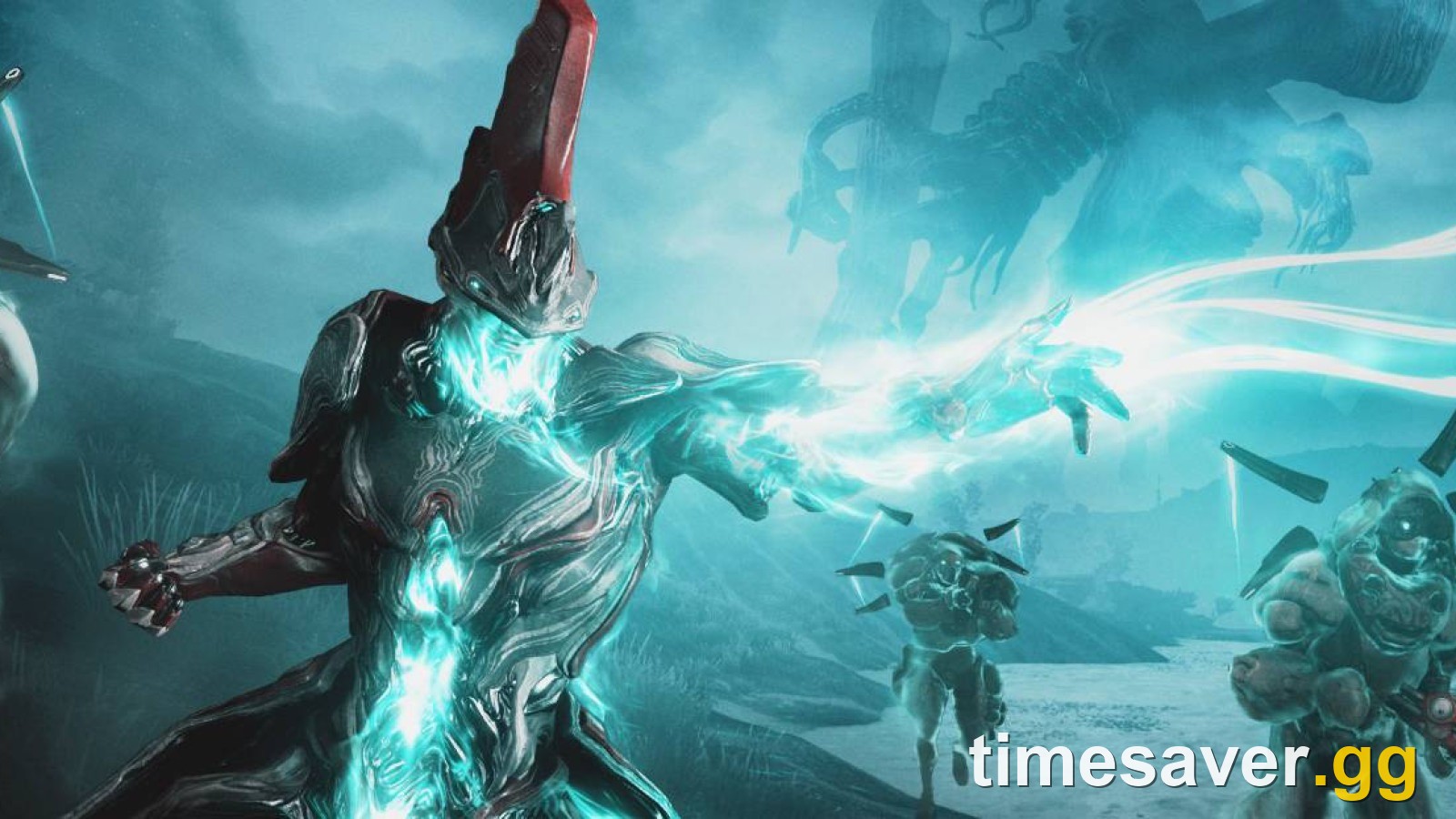 Revenant, Warframe's Eidolon-infused frame, glowing cyan on the Plains of Eidolon at night with a spectral Eidolon behind him