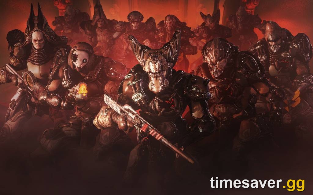 A lineup of Kuva Liches, Grineer Adversaries wielding Kuva weapons, in Warframe