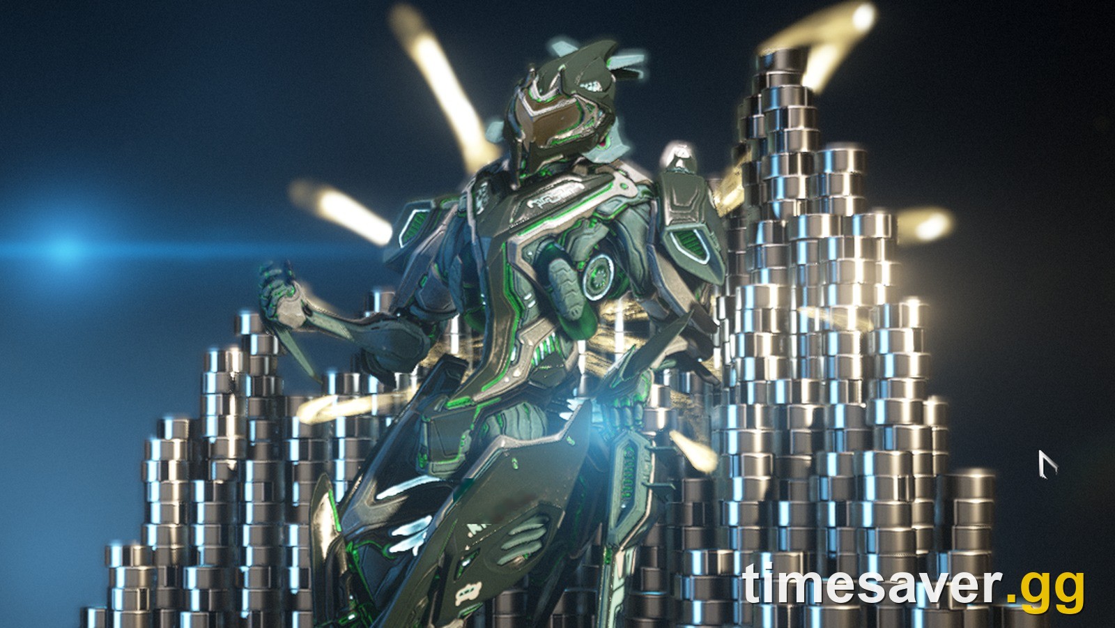 A Warframe posing in front of towering stacks of Platinum on Warframe's in-game Platinum purchase screen