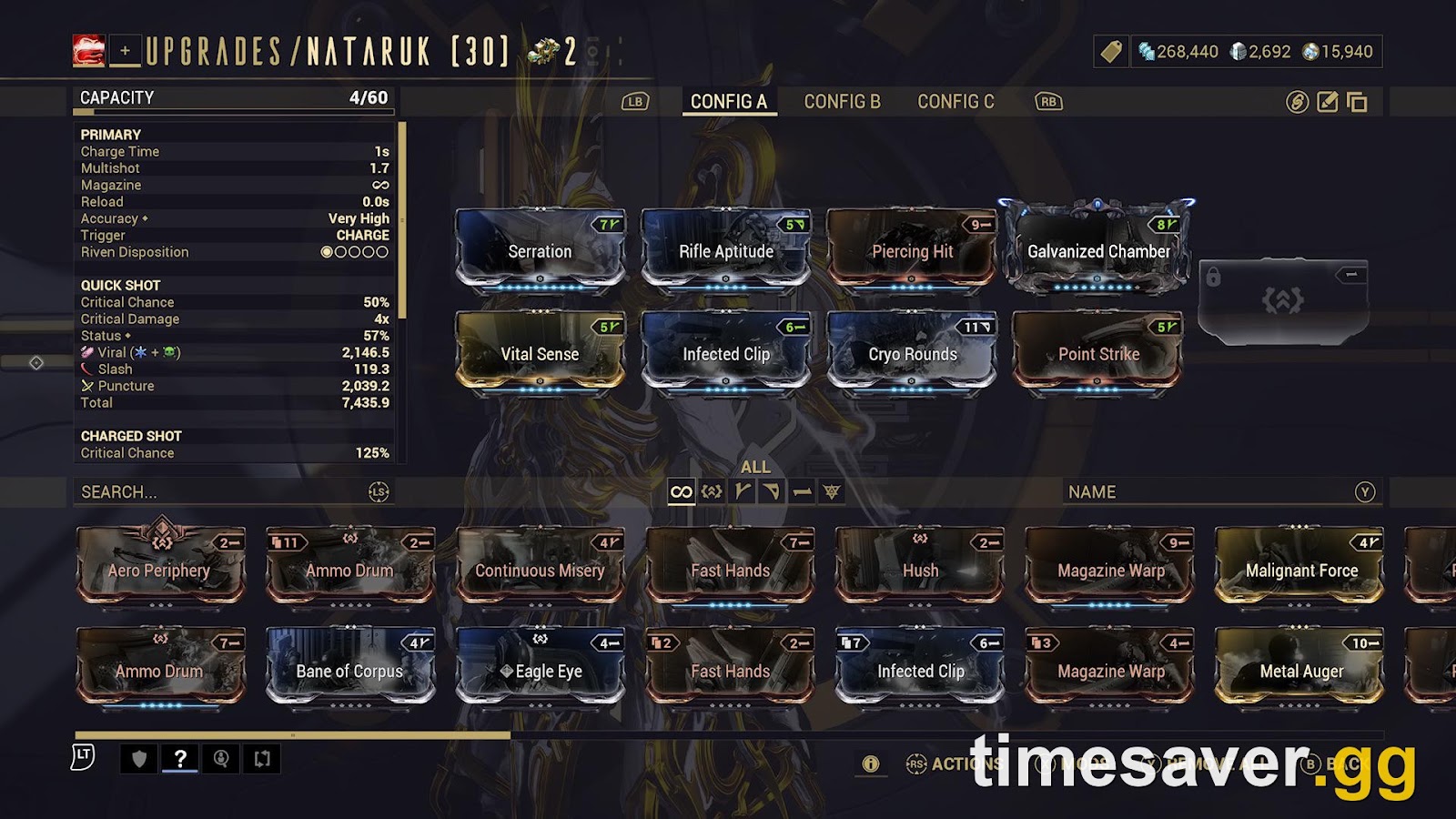 Warframe Arsenal upgrade screen for the Nataruk showing a one-dot Riven Disposition, one of the weapons that jumps from 0.65 to 1.2