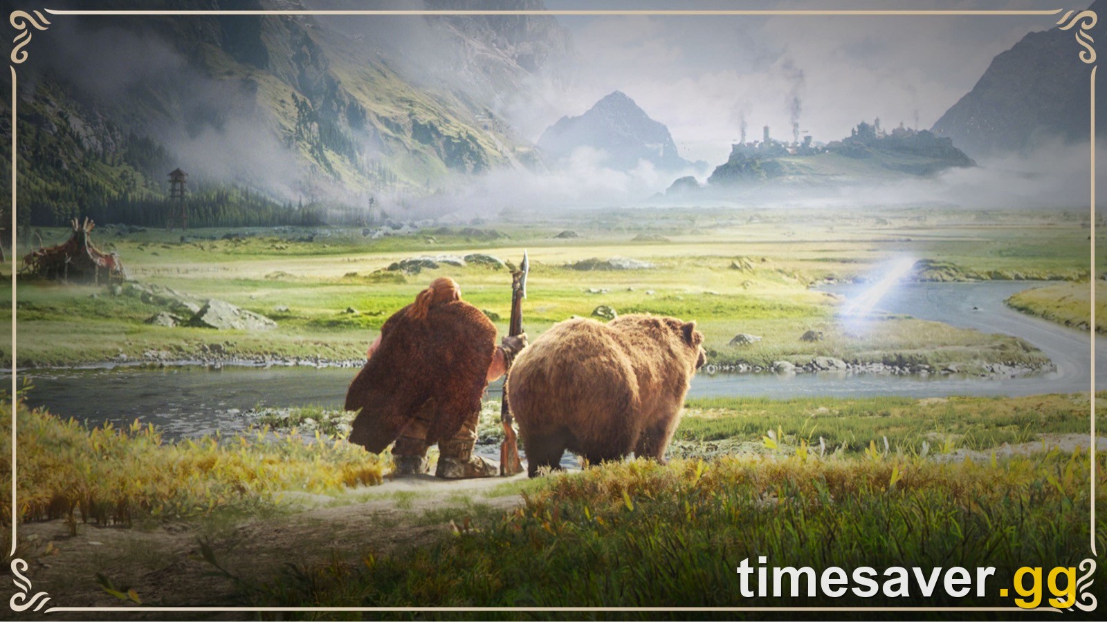 A dwarf and a brown bear look across a green valley toward a distant keep, from Blizzard's World of Warcraft Forever cinematic trailer