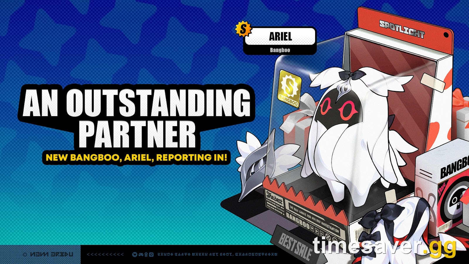 Official Zenless Zone Zero art for the An Outstanding Partner Bangboo Channel showing the S-Rank Bangboo Ariel in its packaging