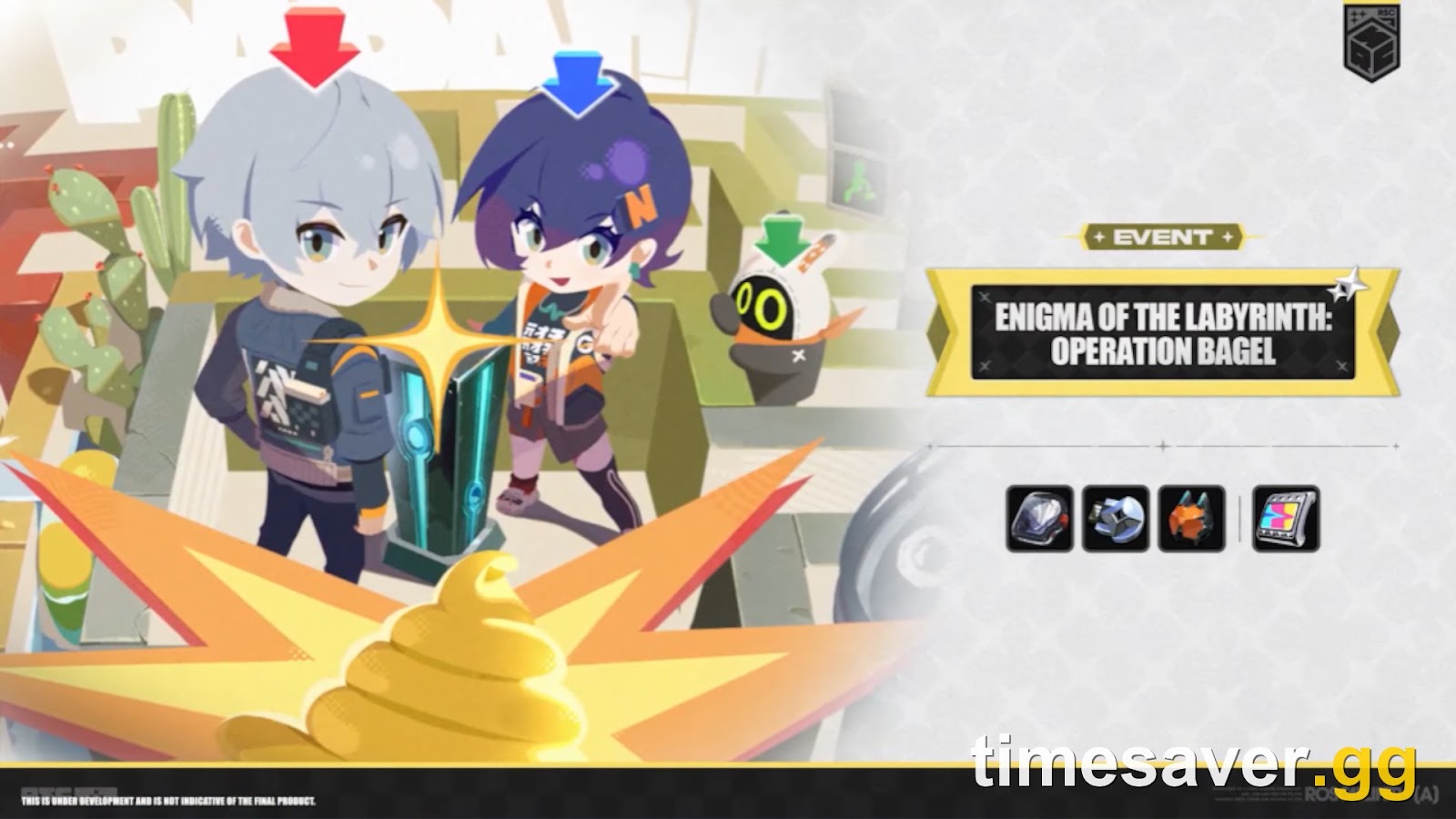 Official Zenless Zone Zero event card for Enigma of the Labyrinth Operation Bagel showing two Agents and a giant bagel