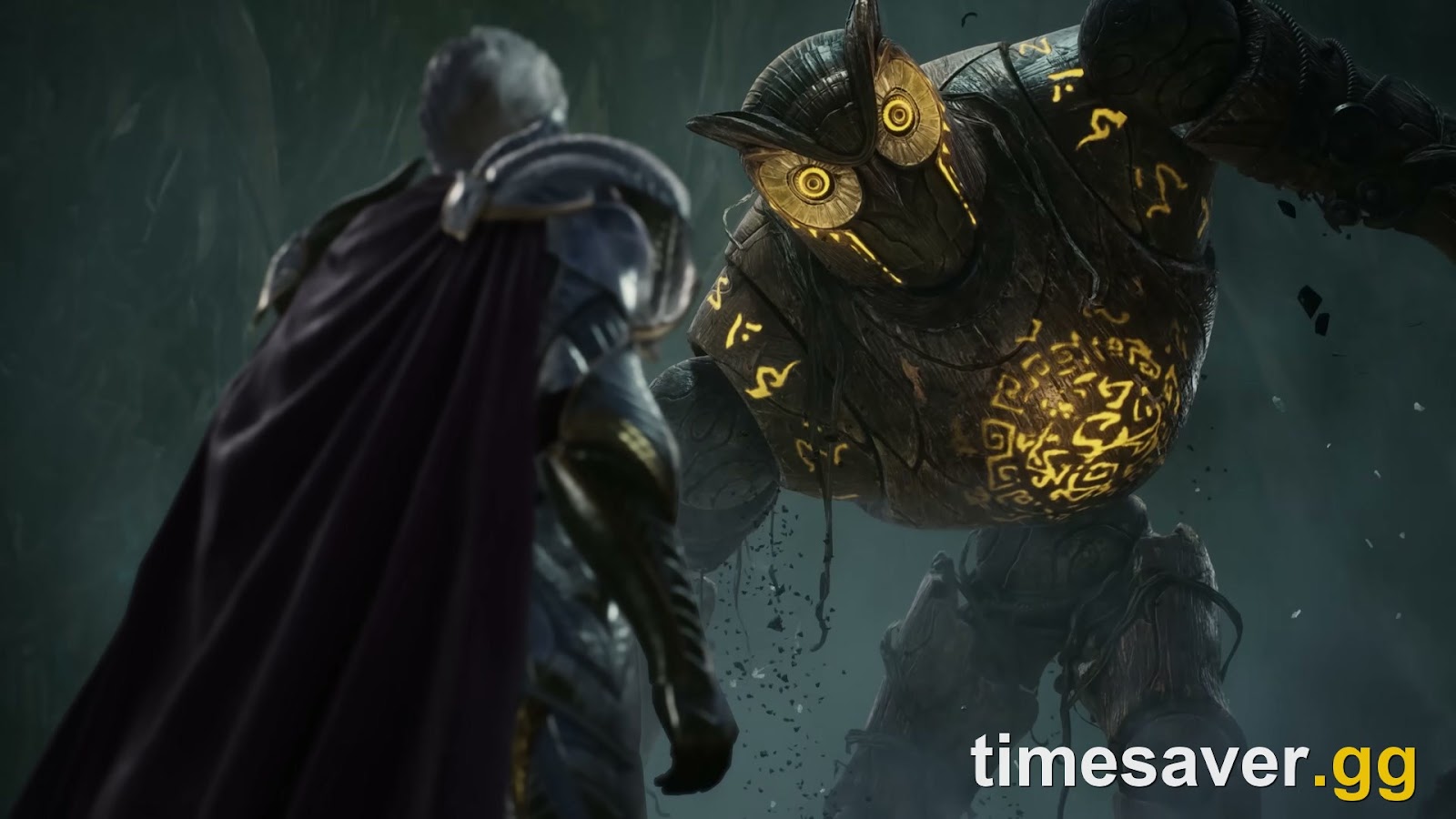 An AION 2 Daeva stands before a colossal rune-covered stone golem glowing with golden light — the kind of large-scale encounter waiting in the Advance Access zones