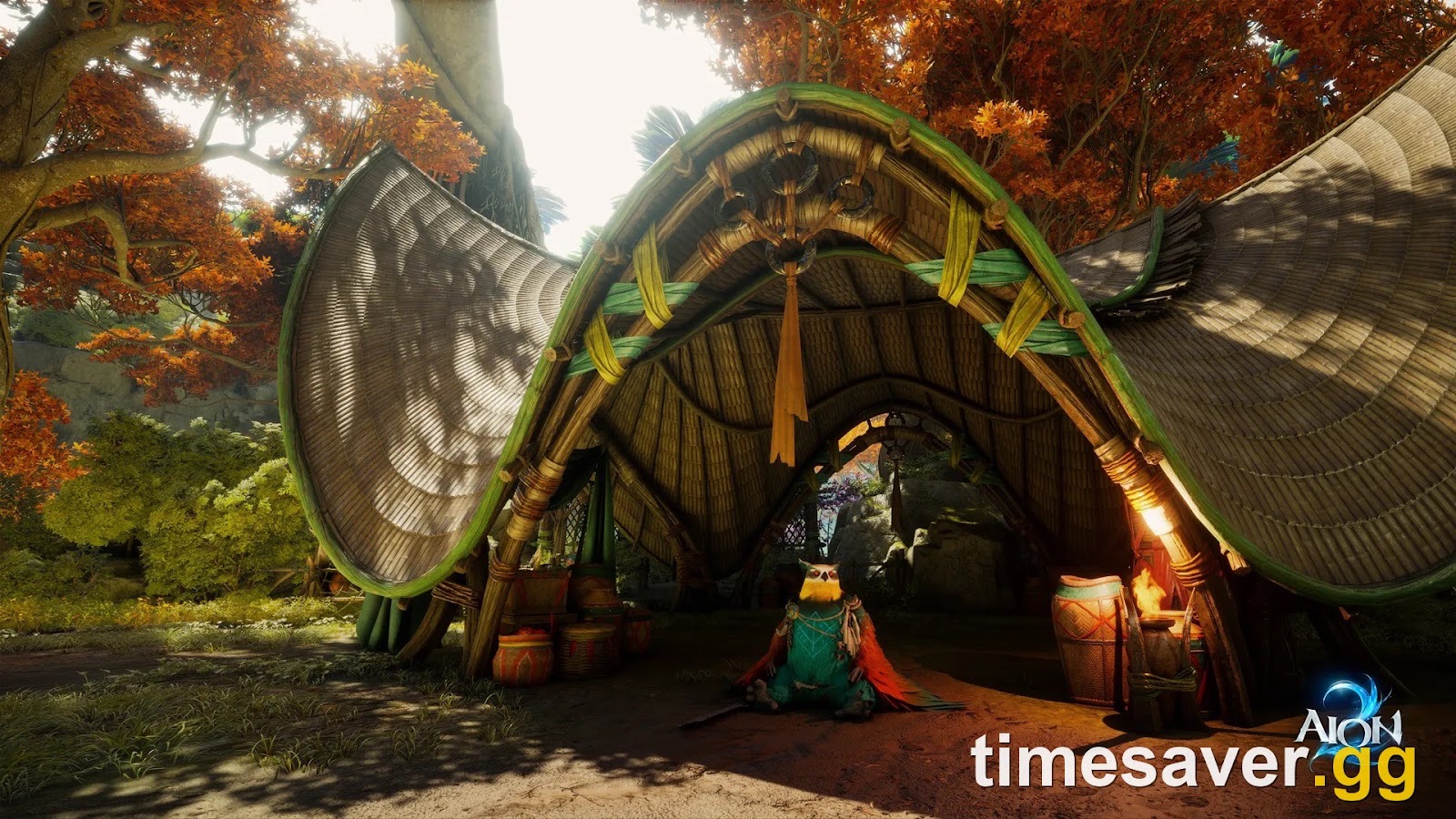 A warm autumn forest camp scene in the world of Atreia in AION 2