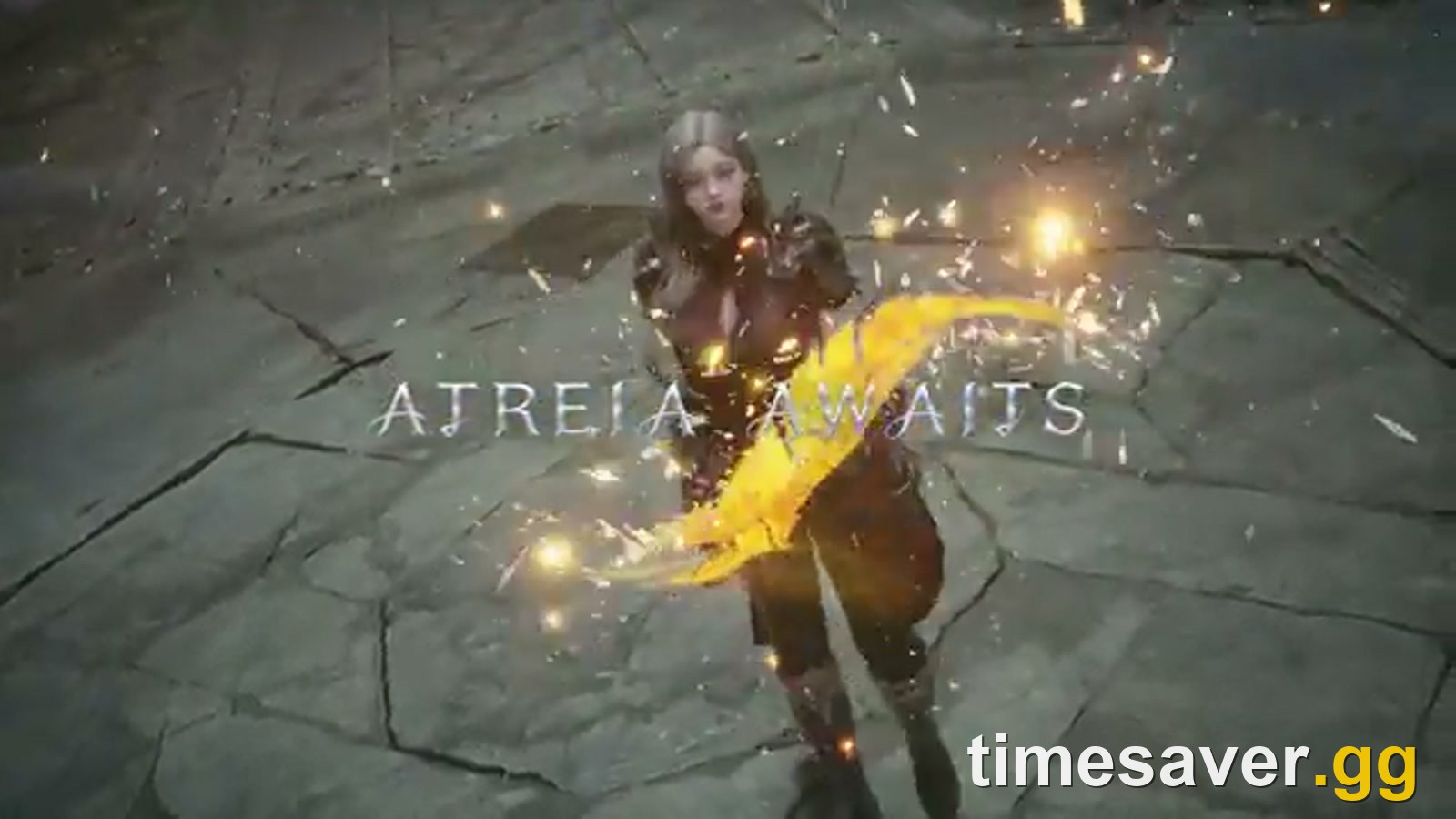 An AION 2 Daeva with a glowing blade beneath the words Atreia Awaits in the launch reveal trailer