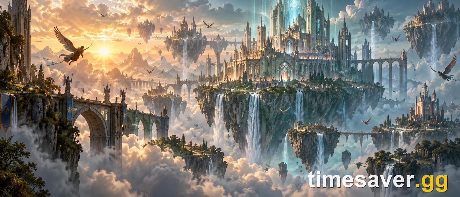 A luminous floating stone citadel of Atreia at dawn in AION 2