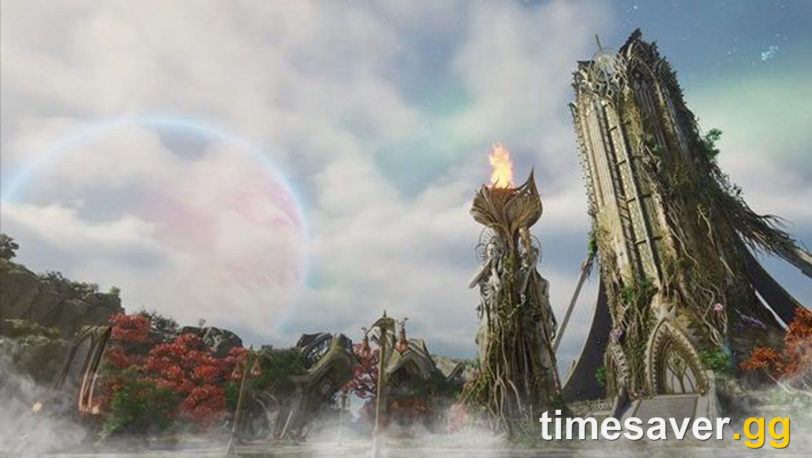 The AION 2 world of Atreia with monumental gothic spires beneath a vast sky, representing choosing a new server to call home