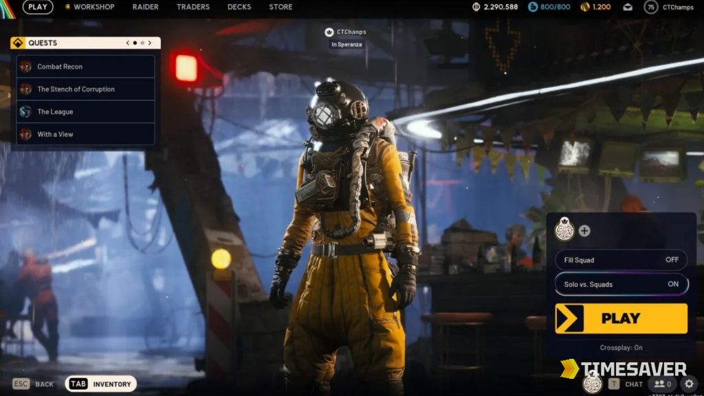 ARC Raiders main menu matchmaking box showing the Fill Squad and Solo vs. Squads toggle set to ON