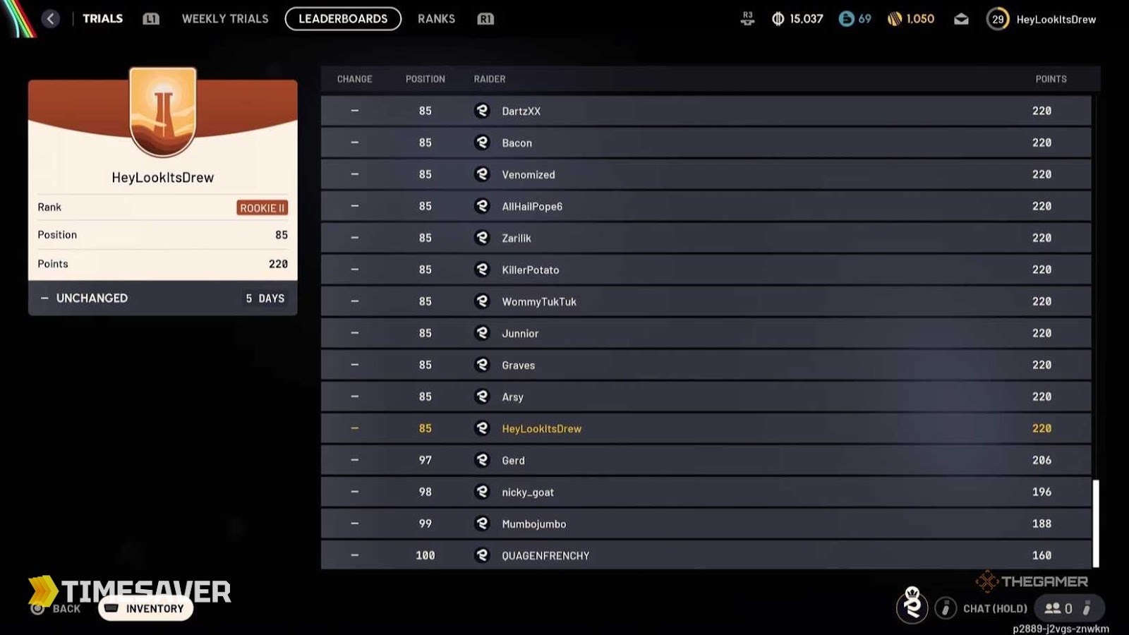 ARC Raiders Trials Leaderboards screen showing a 100-player division with rank shield, position and points columns