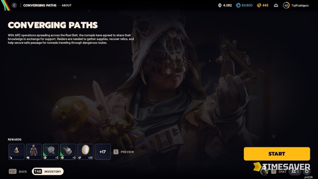 ARC Raiders Converging Paths Project About screen from Live Update 1.33.0 — a Raider in the skull-hooded Saltwalker Outfit holding a brass sextant and golden sphere, with the stage reward row and START button, the season objective chain that runs June 16 to July 27 2026