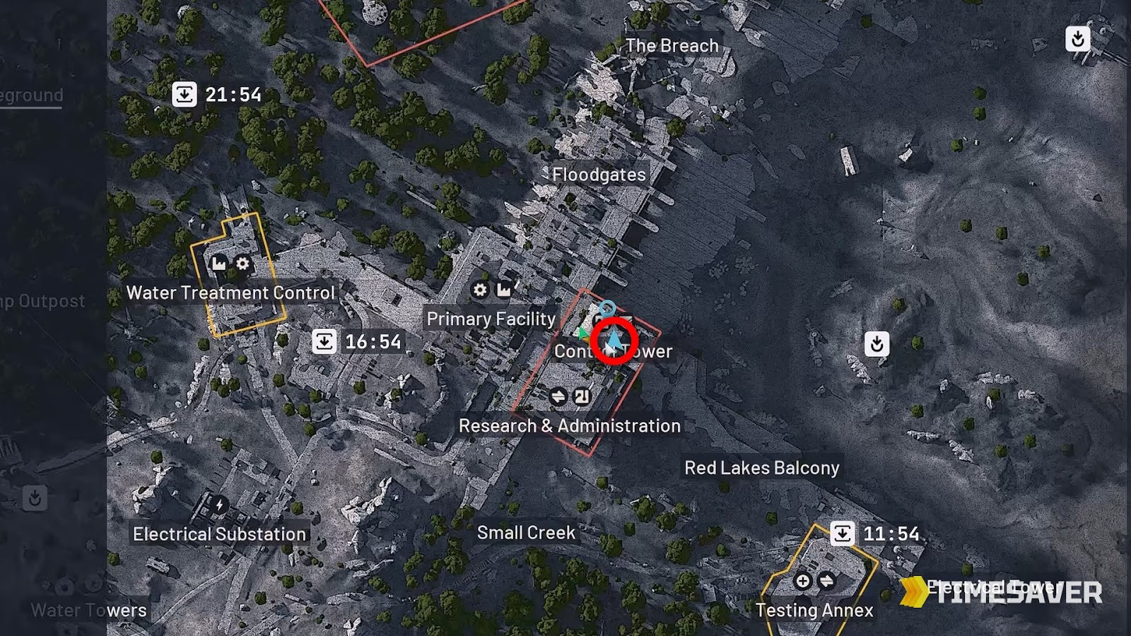 ARC Raiders Dam Battlegrounds map with the Control Tower location pinned in red beside the Research and Administration building