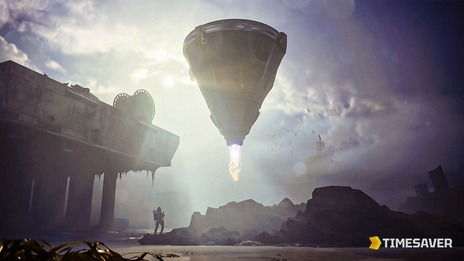ARC Raiders Damage Turbines Trial — the ARC Turbine enemy descending on its single thruster over the flooded coastal ruins of Riven Tides as a lone Raider watches, the world event behind the weekly Damage Turbines Trial