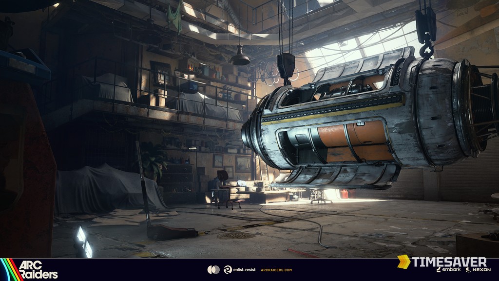 ARC Raiders Caravan being constructed in a hangar for an Expedition departure