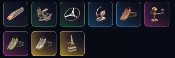 ARC Raiders Forgotten Relics collection grid showing all nine event relics — the Train Model, Sextant, Vintage Steering Wheel, Equatorial Sundial, Colorful Shoes, Tellurion and Elephant Obelisk — each tile colour-coded by rarity from Common to Legendary