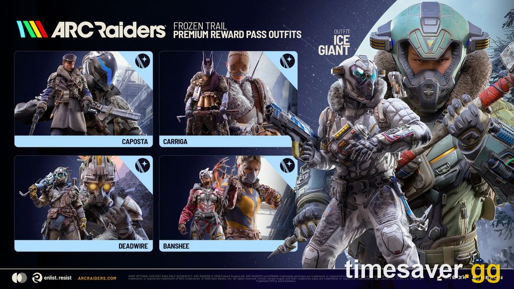 Official ARC Raiders Frozen Trail Reward Pass promotional art showing the premium-track Raider outfit sets unlocked across the 60-level pass launching October 8, 2026