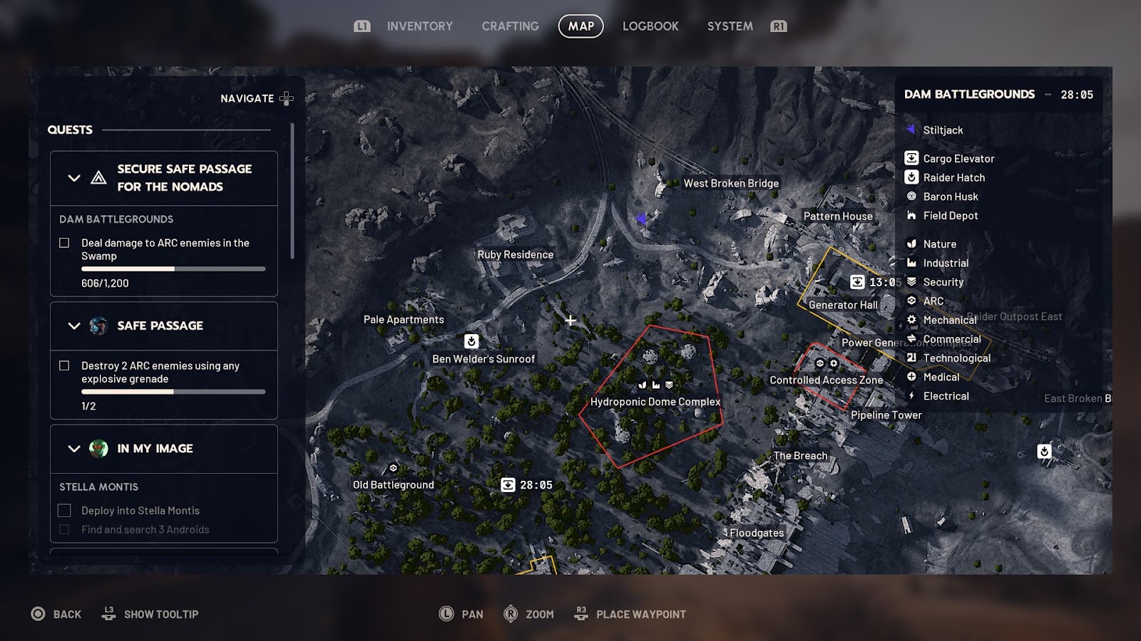 ARC Raiders in-game map screen for Dam Battlegrounds showing the terrain and extraction icons with their countdown timers