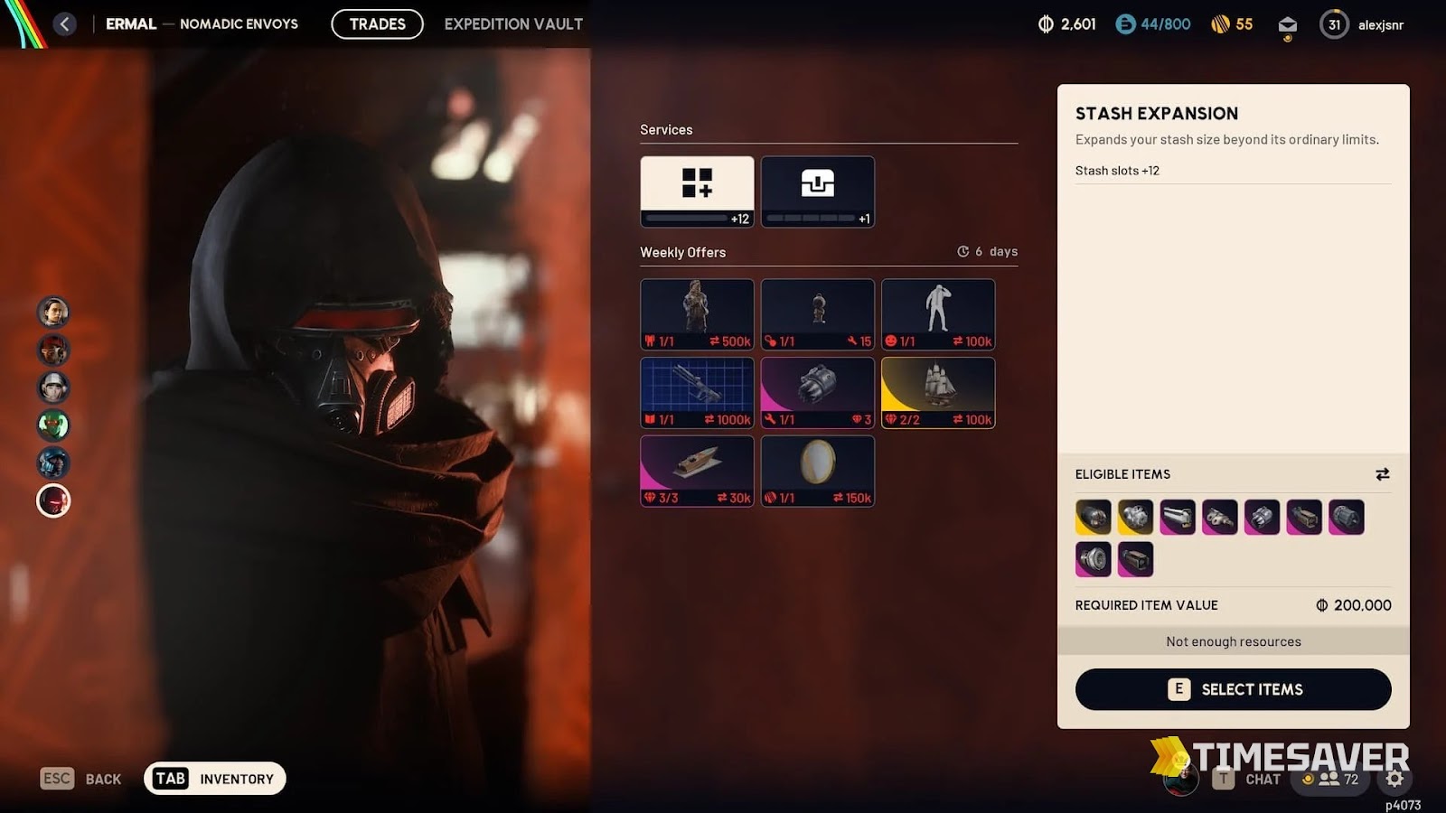 ARC Raiders Ermal — Nomadic Envoys trade screen showing the Stash Expansion +12 service panel with a 200,000 required item value, the Expedition Vault tab and the weekly offers grid