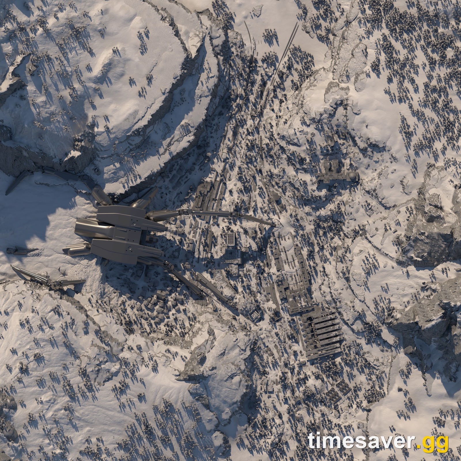 The in-game overhead map of Pendola Pass in ARC Raiders, dominated by a massive fallen Emperor splayed across the snow