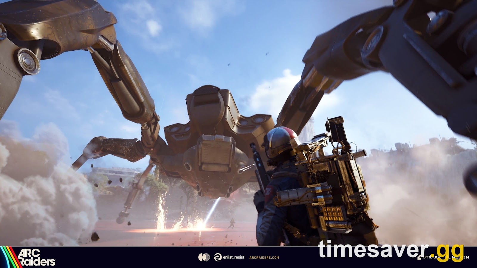 ARC Raiders official screenshot, a Raider facing a large quad-legged ARC machine topside