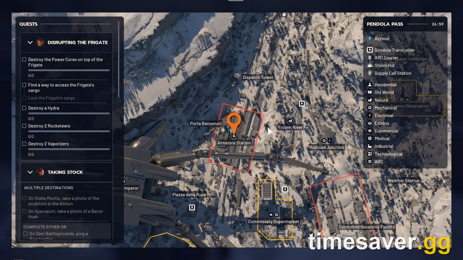 ARC Raiders Pendola Pass map with a pin on Almatera Station, the main Radial Press spawn area, shown as a red high-value loot zone