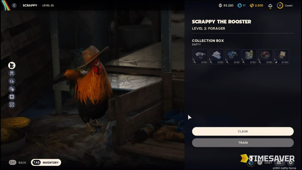 Scrappy the Rooster screen in ARC Raiders showing his Level 2 status and the Collection Box of gathered crafting resources