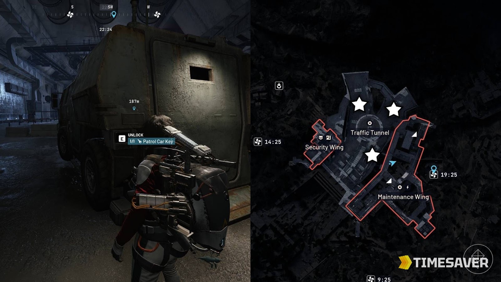 ARC Raiders Raider searching a patrol vehicle topside with an in-game routing map