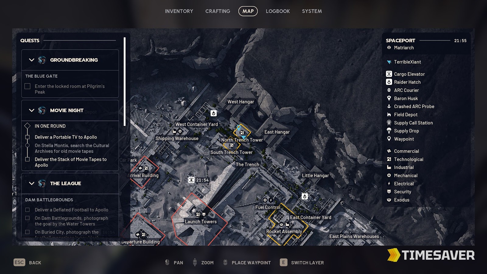 ARC Raiders Spaceport map showing the North Trench Tower and South Trench Tower locations between the West and East Hangars