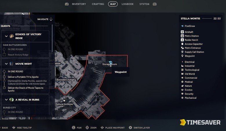 ARC Raiders Stella Montis map with the Storage Room waypoint pinned at the northeastern edge of the Cultural Archives