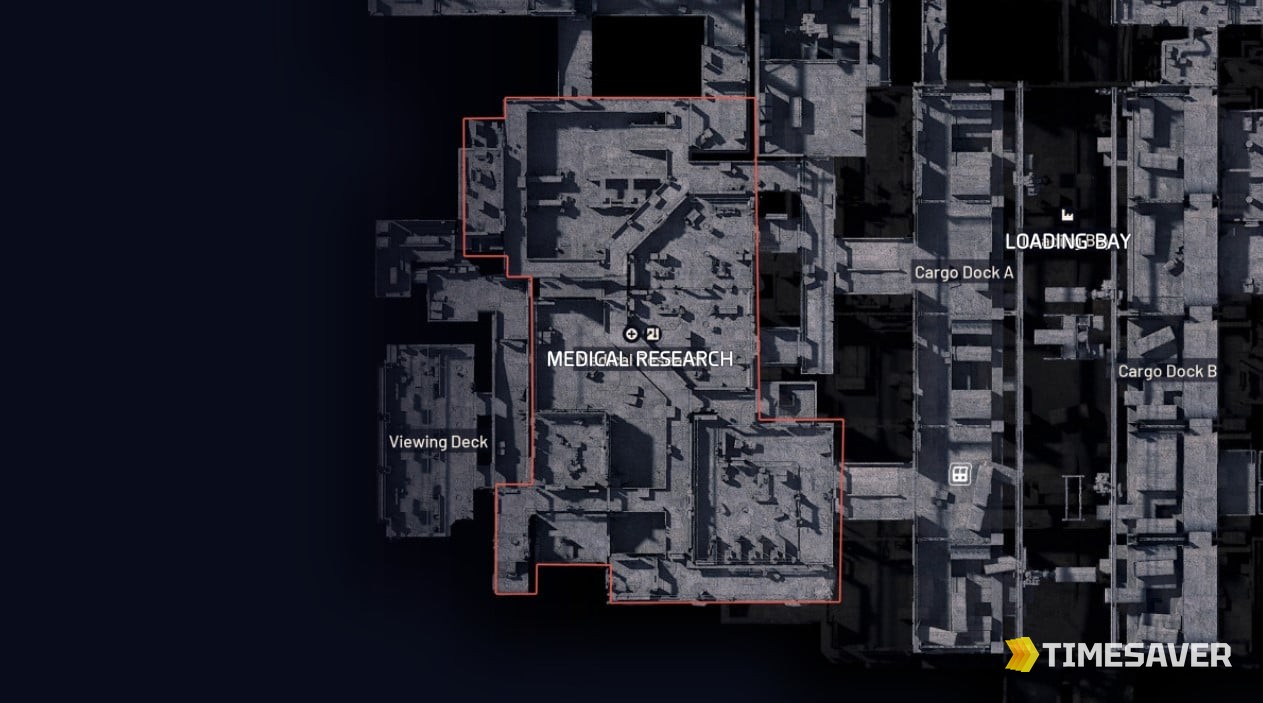 ARC Raiders Stella Montis in-game map with the Medical Research area outlined in red, marking where the Medical Storage door is located