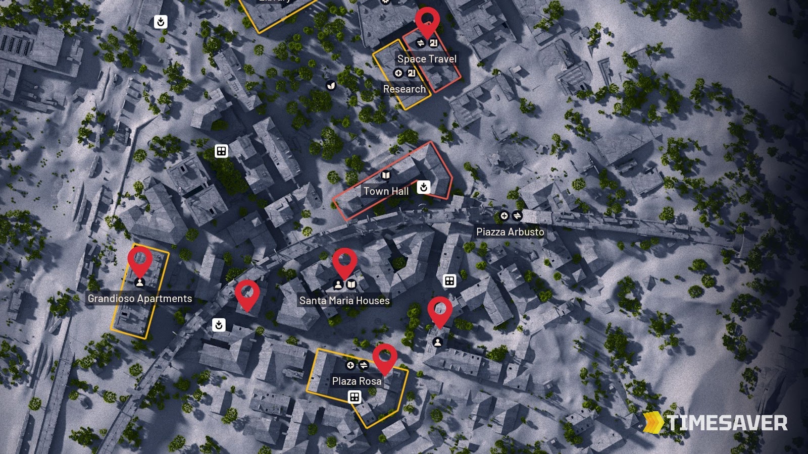 Annotated ARC Raiders Buried City map with the Tempest blueprint farm hotspots pinned — Grandioso Apartments, Plaza Rosa, Santa Maria Houses, Town Hall and the Space Travel building