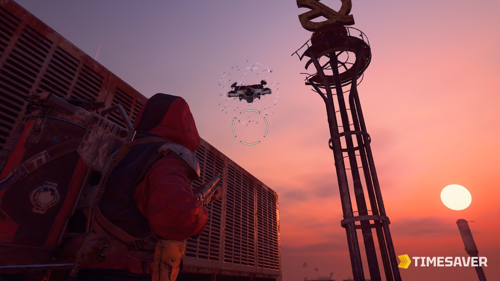 ARC Raiders Vaporizer flying drone with its shield effect active at sunset, a Raider aiming at it from cover