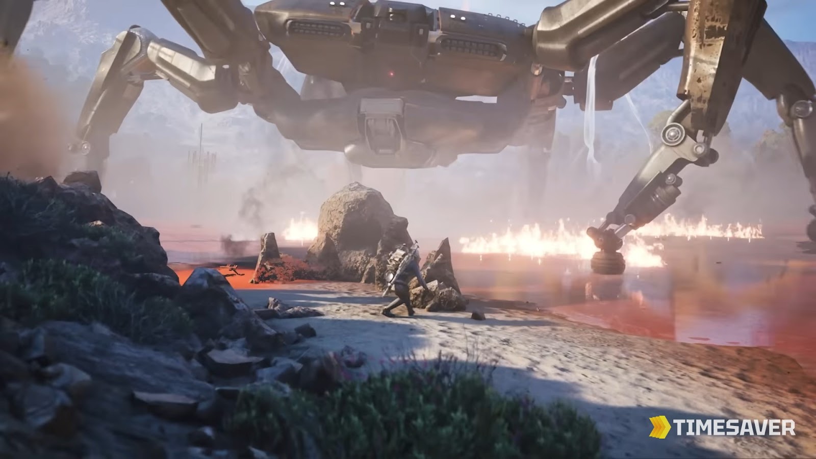 ARC Raiders Raider taking cover beneath a towering ARC walker machine