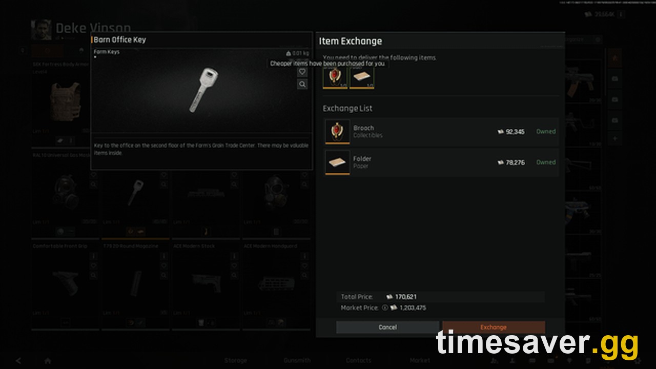 Arena Breakout: Infinite Contacts screen showing Deke Vinson and an Item Exchange barter dialog