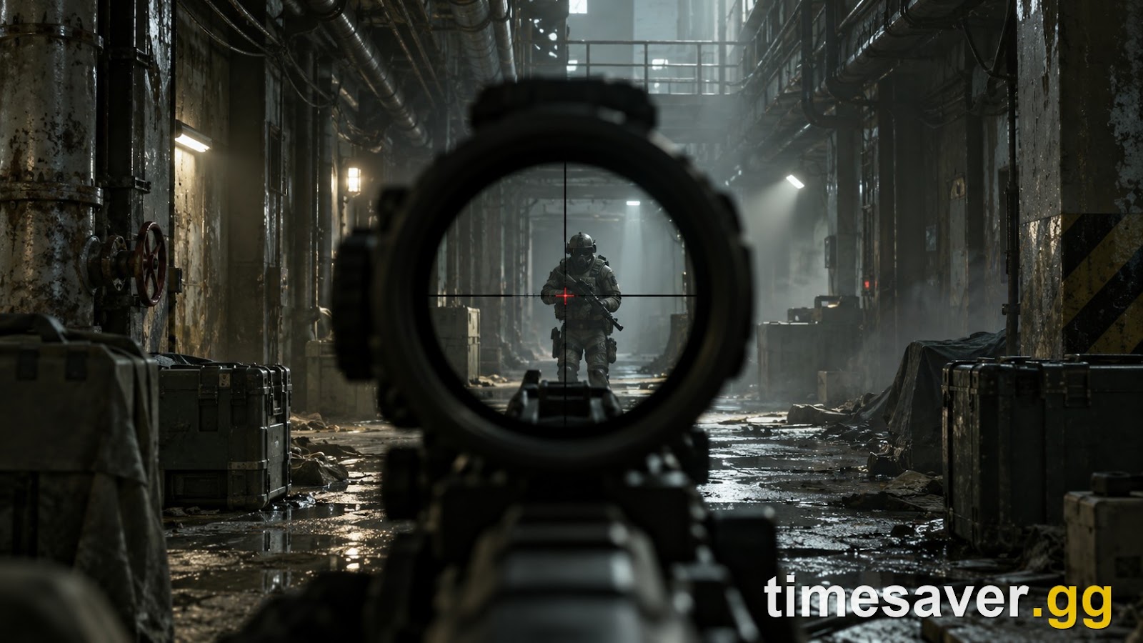 First-person scoped rifle aimed down a corridor at a helmeted, armored enemy in Arena Breakout: Infinite