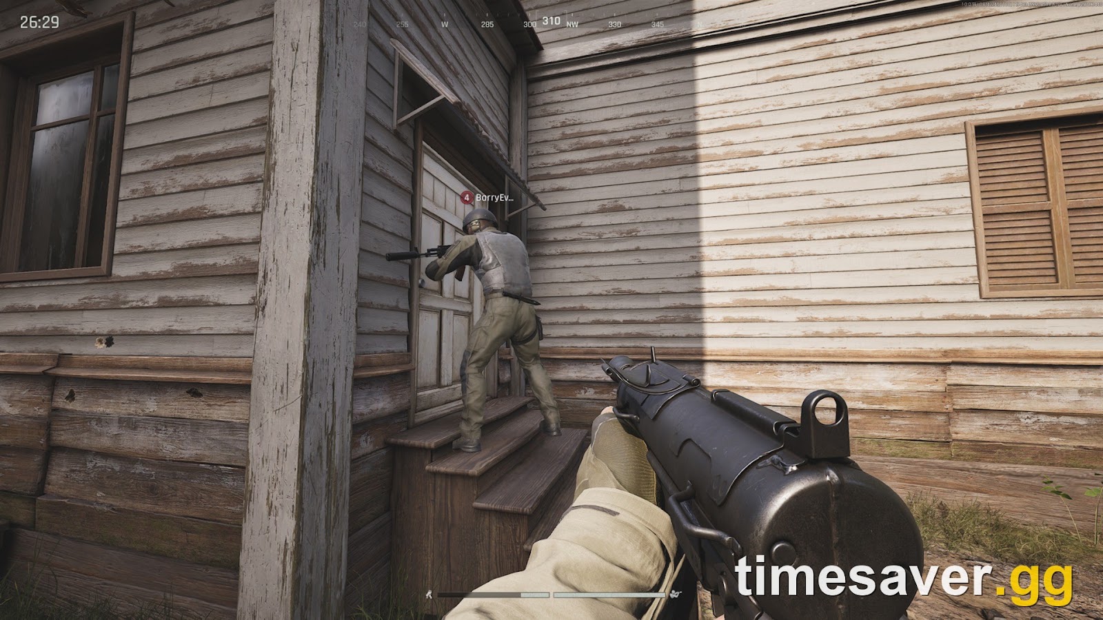 Illustrative close-range scene in Arena Breakout: Infinite: an SMG held low with an armored Operator's legs exposed on a wooden porch staircase