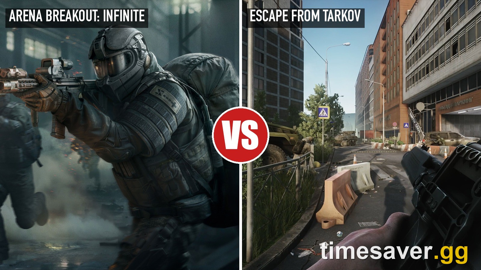 Arena Breakout: Infinite official key art next to an official Escape from Tarkov Streets of Tarkov screenshot, with a VS badge comparing the two PC extraction shooters in 2026